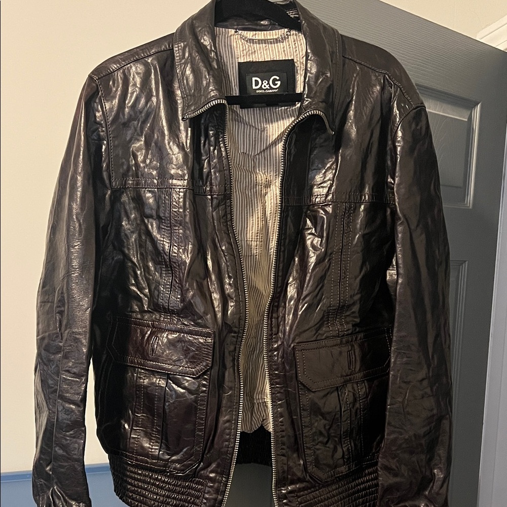 D&G Men's Dark Brown Leather Bomber Jacket